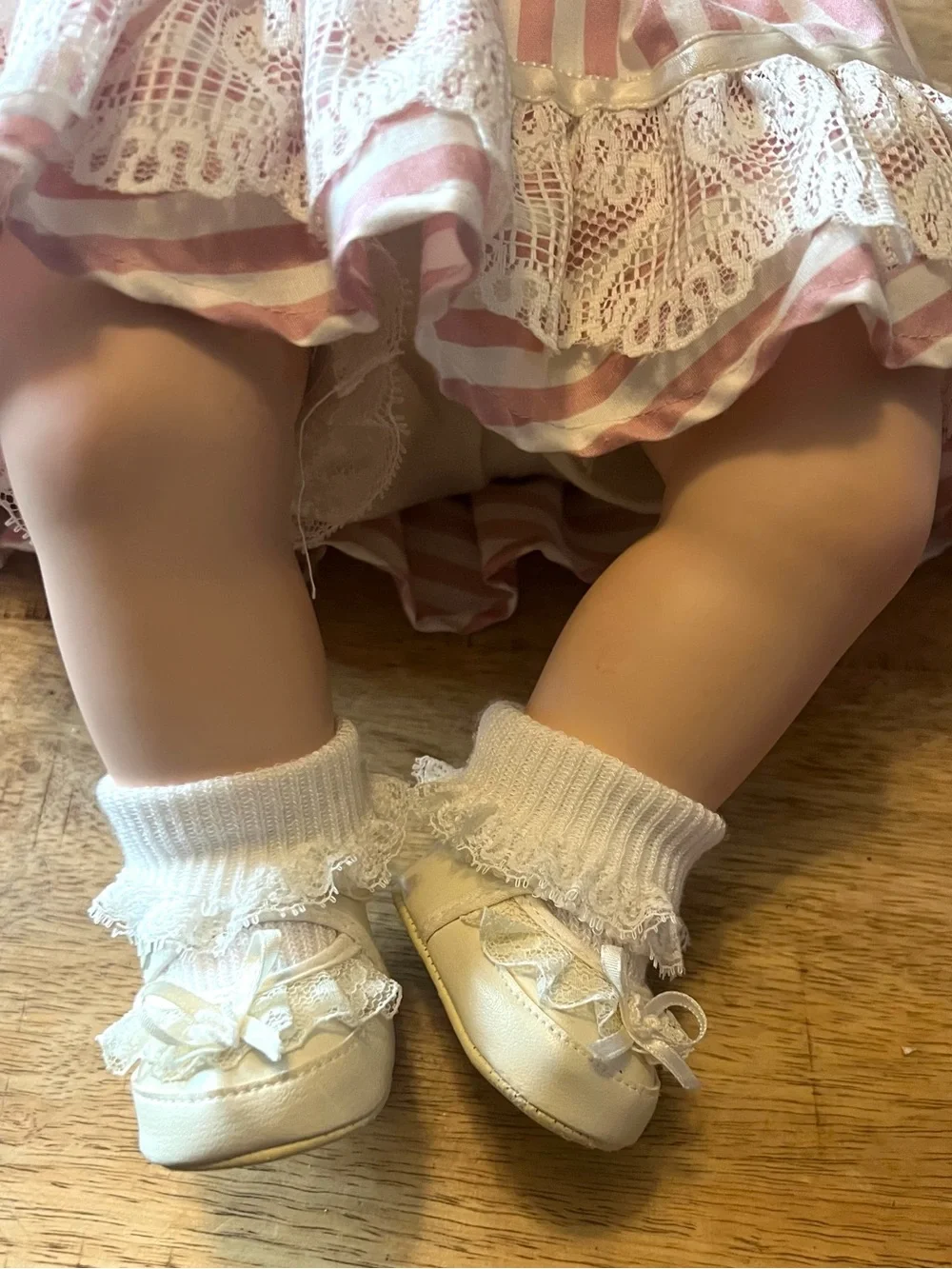 Dolls by Jerri 1990 Baby Doll in Pink & White Striped Lace Dress 20”